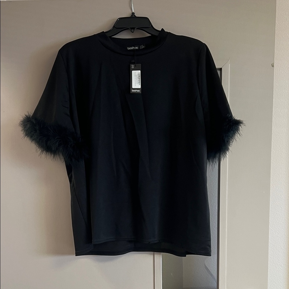 Boohoo Black Short Sleeve Top with Feather Detail